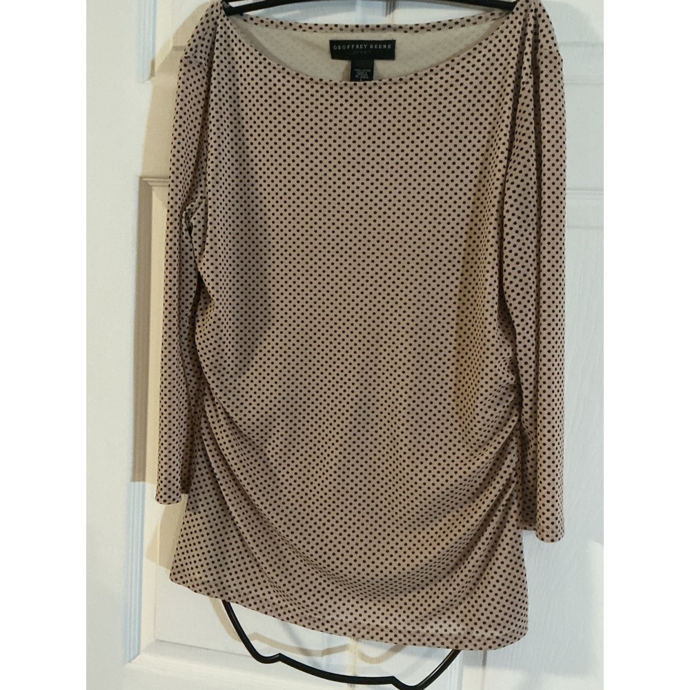 Geoffrey Beene Sport Tan Black Polka Dot Ruched Side Boat Neck Top Large